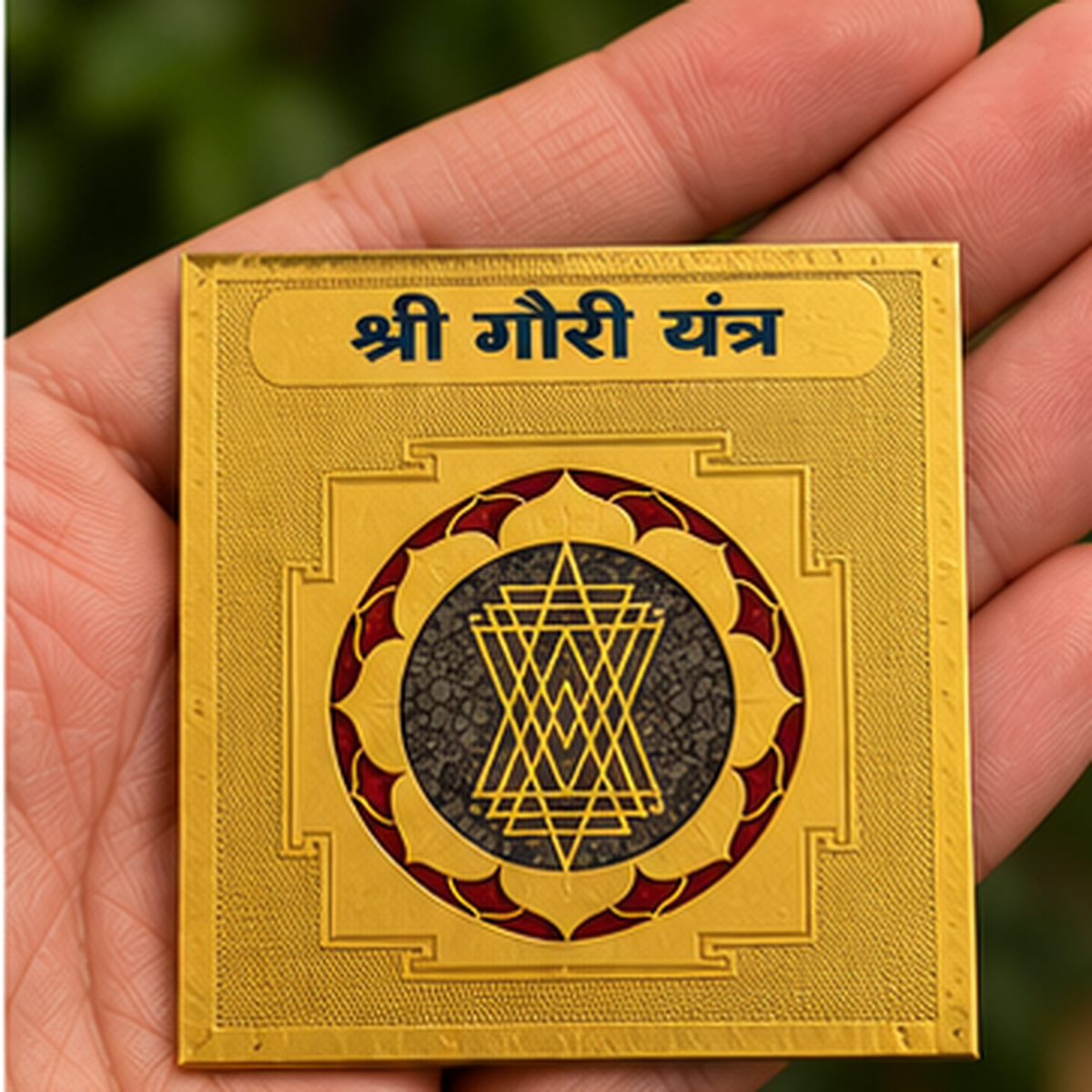 DEVAASTHA Gauri Yantra — hand size reference